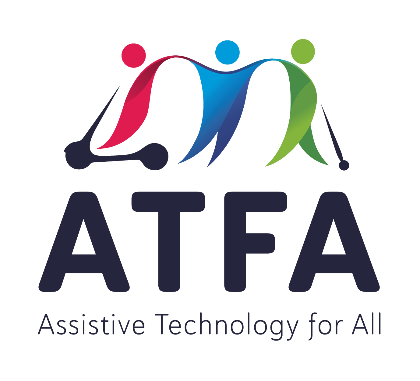 Assistive Technology for All, or ATFA, logo. Three interconnected figures, one using a mobility scooter and one using a cane., with ATFA written below.